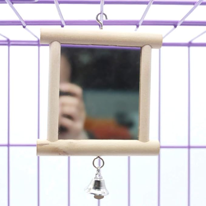 Bird Mirror Wooden Hanging Swing Interactive Play Toys for Small Parrot Budgies Macaw African Grey Parakeet Cockatiel Conure Lovebird Cage Accessories (Bird Mirror with Bell-2 PCS)