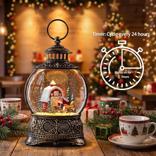Christmas Snow Globes Christmas Water Lantern with Carriage Red barn Farm Scene Music & 6H Timer USB Lined