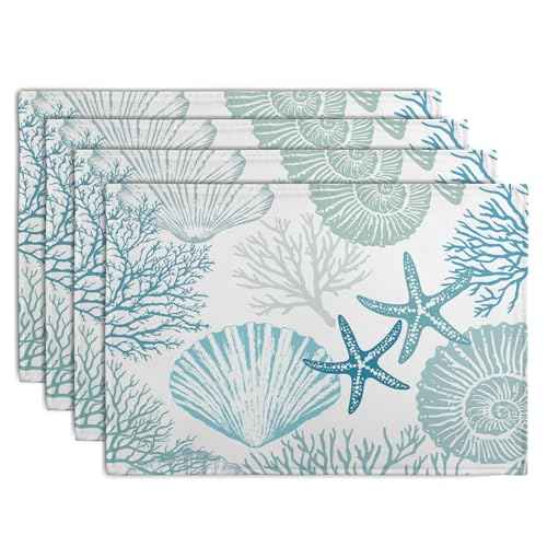 Nautical Coastal Blue Placemats Set of 4 Summer Teal Turquoise Beach Theme Linen Table Mats Ocean Coral Seashell Starfish Decorative Place Mats for Party Kitchen Dining Outdoor Indoor Decor