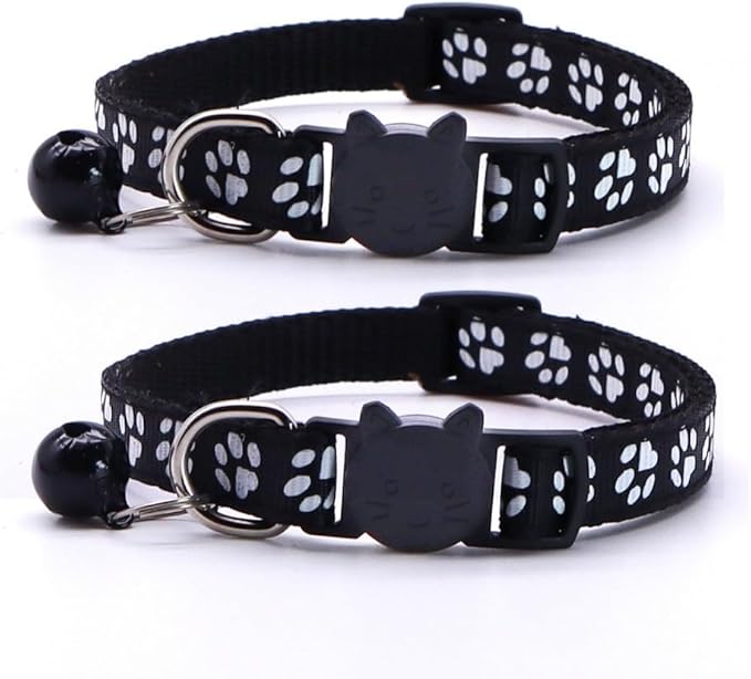 Reflective Cat Collars Breakaway with Bell 2-Pack Girl Boy Pet Kitten Collar with Star Moon Patetrn Adjustable 7.5-12.5 Inch (Black)