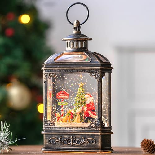 Christmas Snow Globe Lantern Water Glittering Santa Claus & Pups with Music & Timer