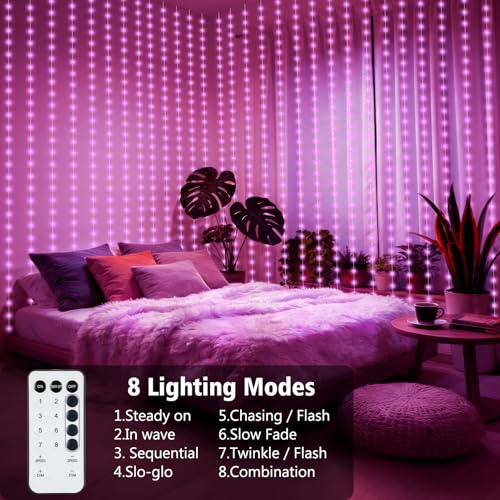 Curtain Lights Battery Operated 9.8 x 9.8Ft with Timer Pink (300 Count)