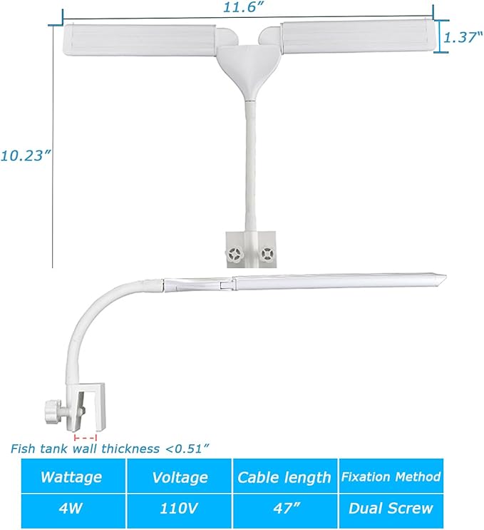 LED Aquarium Light Full Spectrum Clip Fish Tank Light Double Swing Arm Suitable for 5-20 Gal Tank