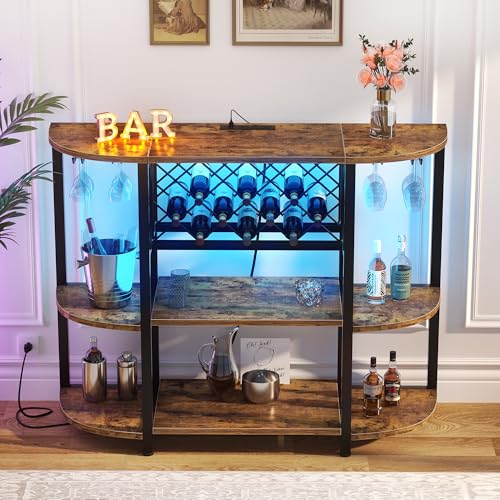 Tiger Grain 47" Curved Farmhouse Wine Bar Cabinet with RGB LED Lights & Power Outlets