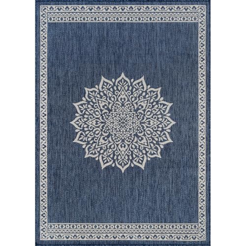 Outdoor Rug 5x7 Medallion Blue Modern Area Rugs for Indoor and Outdoor Patios Kitchen and Hallway Mats Washable Porch Deck Outside Carpet (35 Sq Ft)