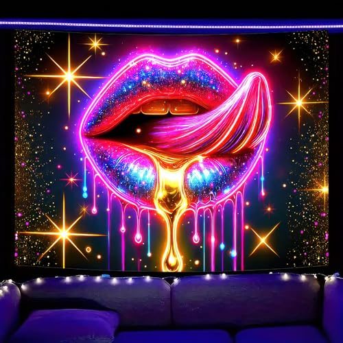 Blacklight Tapestry Lips Glitter Bedroom Decor 78 x 59 Inch
