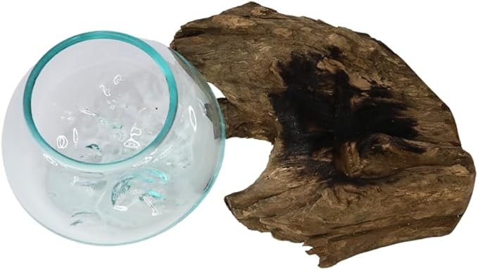 GamalFlow Medium Melted Glass Bowl On Wood Base, Perfect Terrarium or Planter, Brown, About 8" Wide