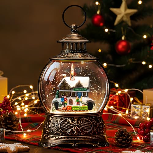 Christmas Village Snow Globe Water Lantern with Train Station Scene Battery Operated or USB Powered Musical Lighted Holiday Decoration for Tabletop Display for Family and Friends