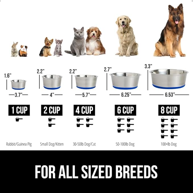 GORILLA GRIP Set of 2 Dog Bowls, Holds 8 Cups (64 fl oz), Heavy Duty Metal Food and Water Bowl for Feeding Dogs and Cats, Dishwasher Safe, Rust Resistant Stainless Steel, BPA Free Rubber Base, Blue