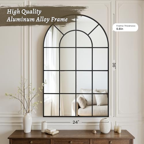 Arched Windowpane Wall Mirror 24"x36" Black Wall Mounted Art Pane Mirror Farmhouse Decorative Mirror Leaning Hanging Wall Mirror for Bedroom Living Room Entrance Hallway Wall Decor