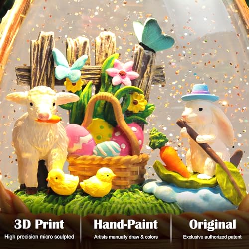Easter Bunny Snow Globe Basket Egg Easter Decorations for Home Rabbit Sheep Chick Flower Butterfly Tabletop Glitter Snowfall USB