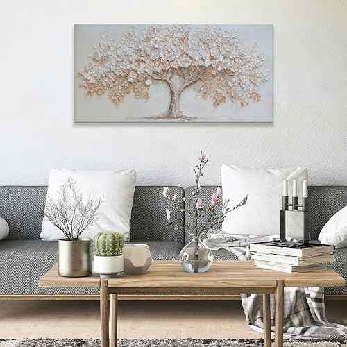 Large Canvas Wall Art Decor Beige Textured Tree of Life Canvas Art Wall Decor For Living Room Modern Decor Nature Botanical Tree Canvas Prints Artwork For Walls Bedroom Home Office Decor 24×48 Inch