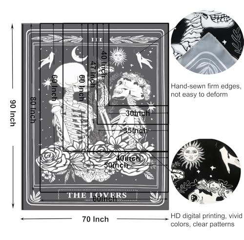The Lovers Skull Tapestry Gothic Tapestry Vertical Black and White Skeleton Gothic Witch Sun Moon Floral Plant Snake Tapestries Wall Hanging Decor for Bedroom Dorm Room 35 x 47 Inches