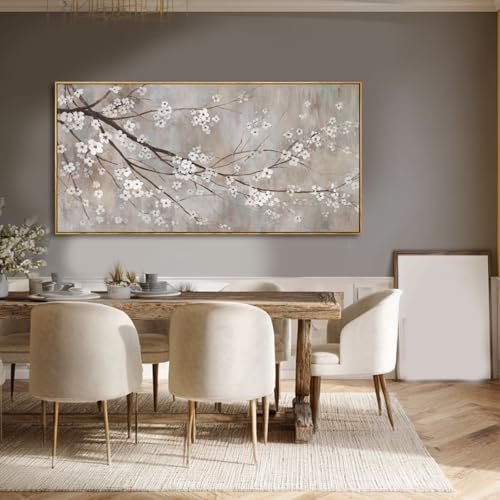 Flowers Wall Art Grey Pictures Wall Painting Large Framed Canvas Art Landscape Artwork for Dining Room Home 29"x 58" Ready to Hang