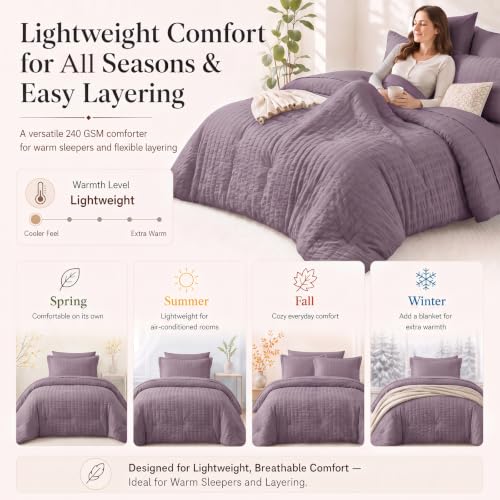 Twin XL Comforter Set 5 Pieces Dusty Purple Seersucker Bed in a Bag