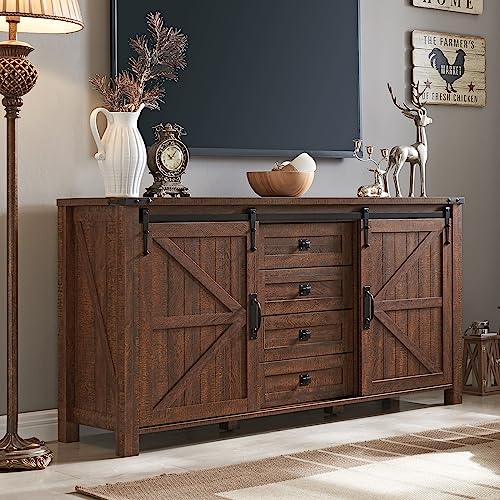 60 Inch Farmhouse Dresser with 4 Drawers and Sliding Barn Doors
