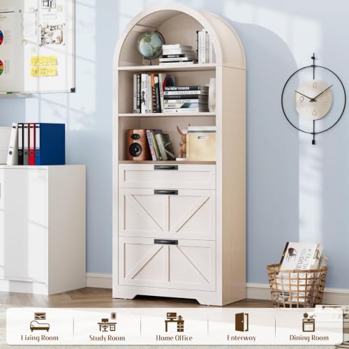 71" Tall Arched Bookcase with File Cabinet Drawers