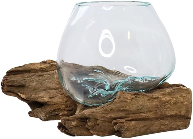 GamalFlow Medium Melted Glass Bowl On Wood Base, Perfect Terrarium or Planter, Brown, About 8" Wide