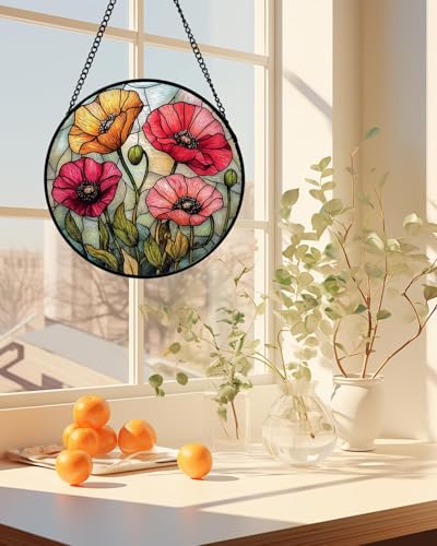 Poppy Flower Stained Glass Window Hanging Suncatcher Gifts for Women 9.8"