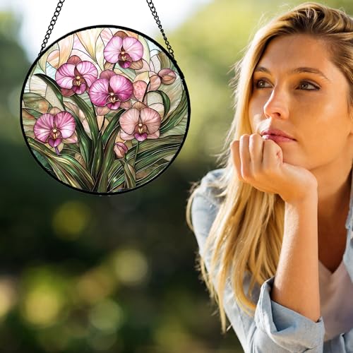 Phalaenopsis Orchid Stained Glass Window Hanging Decor Gifts for Women 6.3"