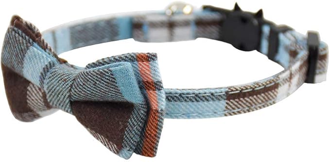 Cat Collar Breakaway with Bell and Bow Tie, Plaid Design Adjustable Safety Kitty Kitten Collars(6.8-10.8in) (Light Blue&Brown)