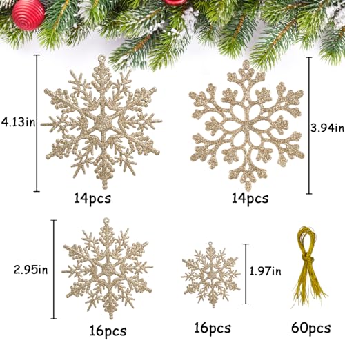 60pcs Christmas Champagne Gold Snowflake Ornaments Plastic Glitter Snow Flakes Ornaments for Winter Christmas Tree Decorations Size Varies Craft Snowflakes (60 Count)