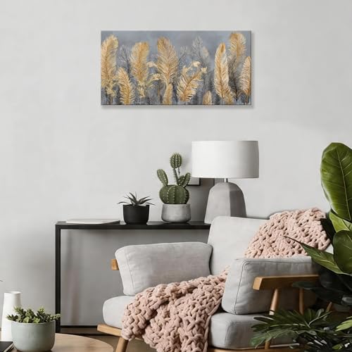 Canvas Wall Art Decor Gold Boho Canvas Art Wall Decor For Living Room Grey Boho Aesthetic Feather Wall Decor Artwork Modern Wall Art Decor Artwork For Home Bedroom Office Wall Decor 20×40 Inch
