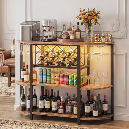 Tiger Grain 47" Curved Farmhouse Wine Bar Cabinet with RGB LED Lights & Power Outlets