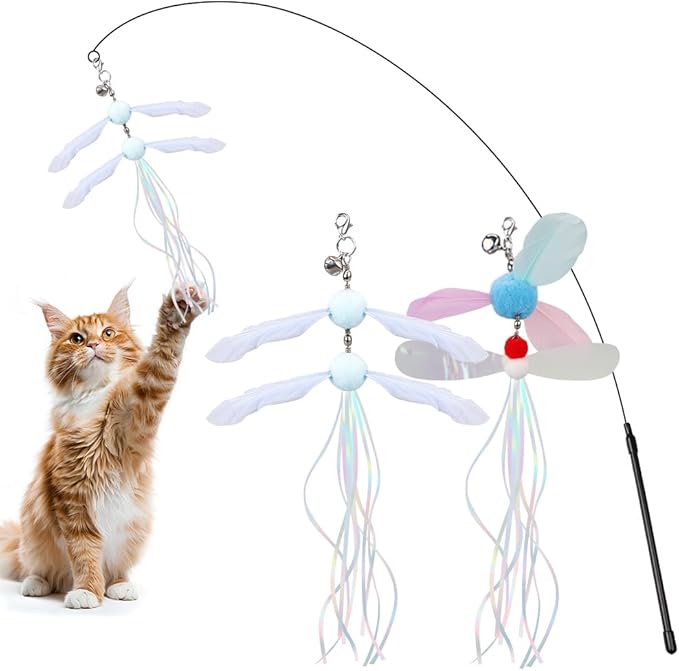 PAZ'S GIFT Cat Wand Toys, Rotating Feather 2 Piece Catnip wzggle Sounding Toy, Soft and Durable, Interactive cat Kick Toys for Indoor Play
