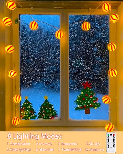 Christmas Lights Battery Operated 10Ft Red and White Christmas Ball Ornament Light 20 LED Candy Globe String Lights with 8 Modes & Timer for Outside Indoor Bedroom Patio Office Home Xmas Tree (20 Count)