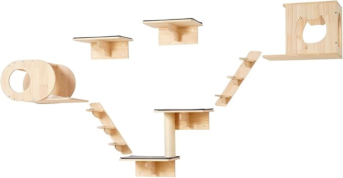 VEVOR Wall Mounted Cat Shelves and Perches with Jumping Boards, Cat Beds, Hammocks & Tree, Up to 40 lbs for Sleeping, Playing, Climbing - Set of 7