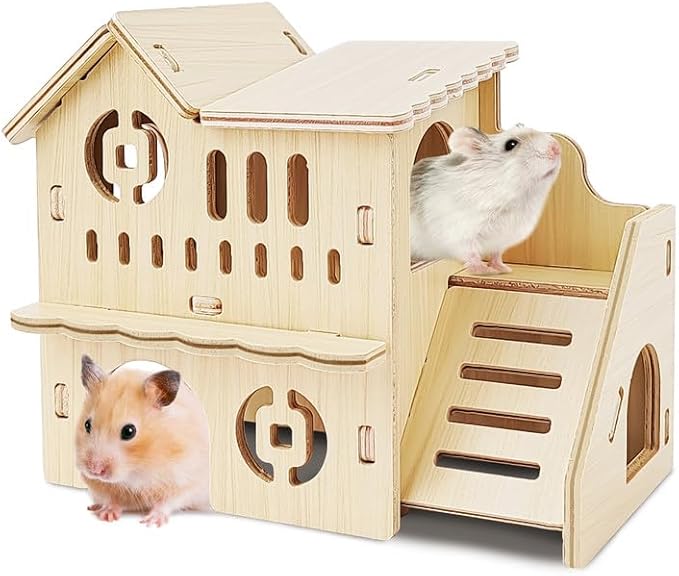Hamster House,Tiny House with Slide House, Double-Decker Hut,Hamsters Cage Accessories,Small Animal Habitat Decor for Hamster