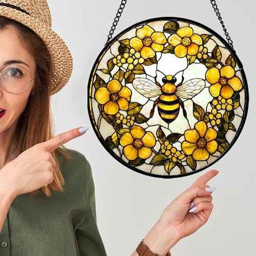 Bee Wreath Stained Glass Window Hanging Suncatcher Gifts for Women 6.3"