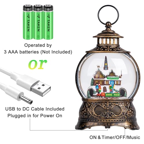Christmas Village Snow Globe Water Lantern with Train Station Scene Battery Operated or USB Powered Musical Lighted Holiday Decoration for Tabletop Display for Family and Friends