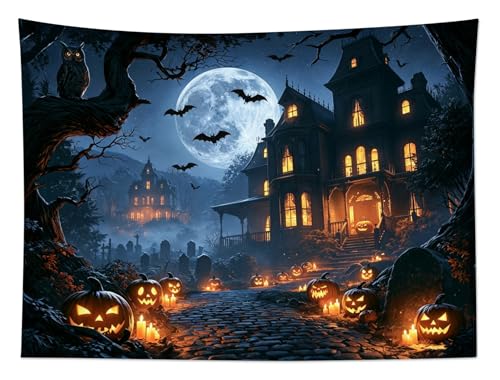Spooky Halloween Wall Tapestry for Living Room Black Castle Bat with Pumpkin and Moon Tapestry Wall Hanging Spooky Forest Art Decor for Bedroom