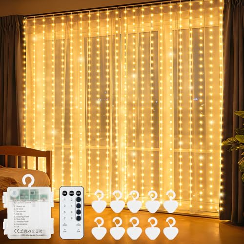 Curtain Lights Battery Operated 9.8 x 9.8Ft with Timer Warm White (300 Count)