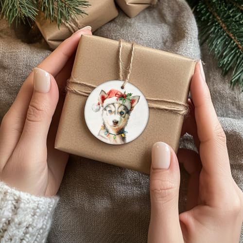 Santa Husky Puppy Christmas Ceramic Ornament