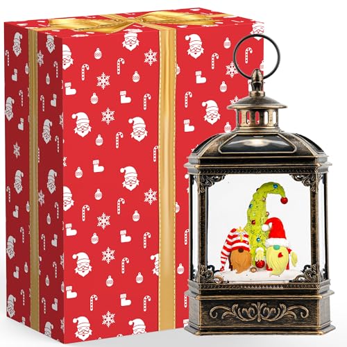 Musical Snow Globe Lantern Lighted Whimsical Christmas Tree & Gnomes Scandinavian Santa Elf Water Lantern with Swirling Glittering Home Decoration and Gift