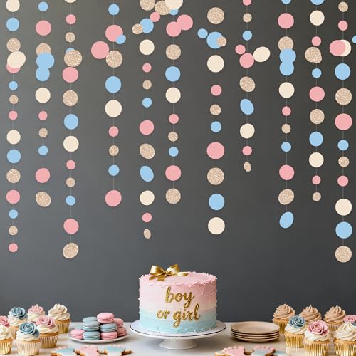 Champagne Gold Dusty Pink Blue Cream Beige Circle Dot Hanging Streamer Polka Dot Garland Banner for Birthday Wedding Bridal Shower Engagement Boho Gender Reveal Party Decorations Supplies