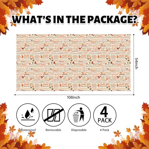 Fall Thanksgiving Tablecloth 4 Packs 54x108 Plastic Disposable Thanksgiving Table Cloth Rectangle Fall Tablecover for Holiday Dinner Party Decorations Outdoor Picnic & Baby Showers (4 Count)