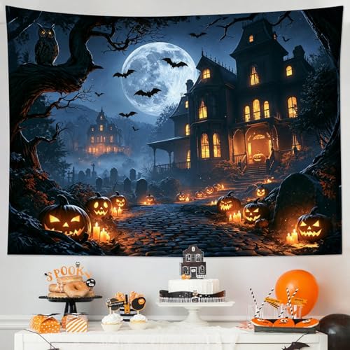 Spooky Halloween Wall Tapestry for Living Room Black Castle Bat with Pumpkin and Moon Tapestry Wall Hanging Spooky Forest Art Decor for Bedroom