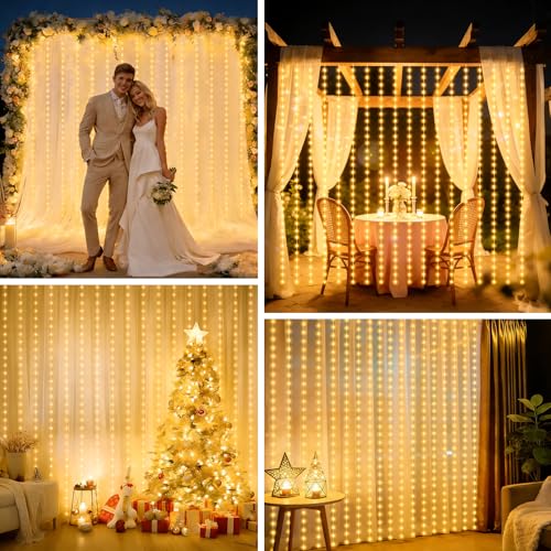 Curtain Lights Battery Operated 9.8 x 9.8Ft with Timer Warm White (300 Count)