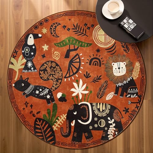 5ft Cute Round Rug Kids Washable Fun Rug Terracotta Boho Jungle Mat (19.63 Sq Ft)