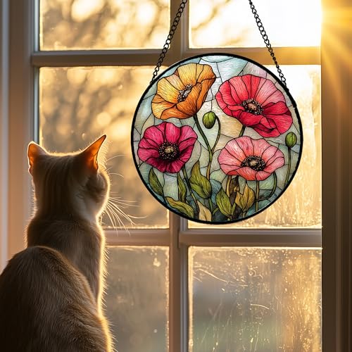 Poppy Flower Stained Glass Window Hanging Suncatcher Gifts for Women 7.8"