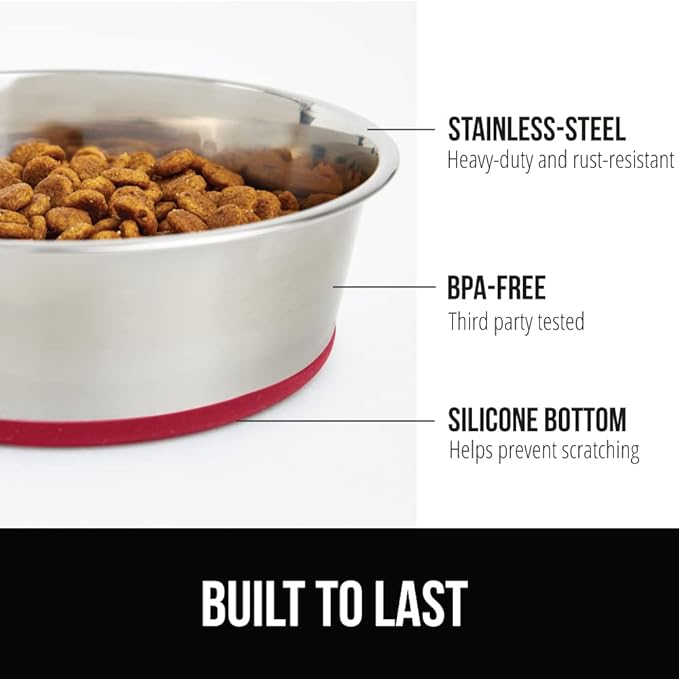 GORILLA GRIP Set of 2 Dog Bowls, Holds 6 Cups (48 fl oz), Heavy Duty Metal Food and Water Bowl for Feeding Dogs and Cats, Dishwasher Safe, Rust Resistant Stainless Steel, BPA Free Rubber Base, Red