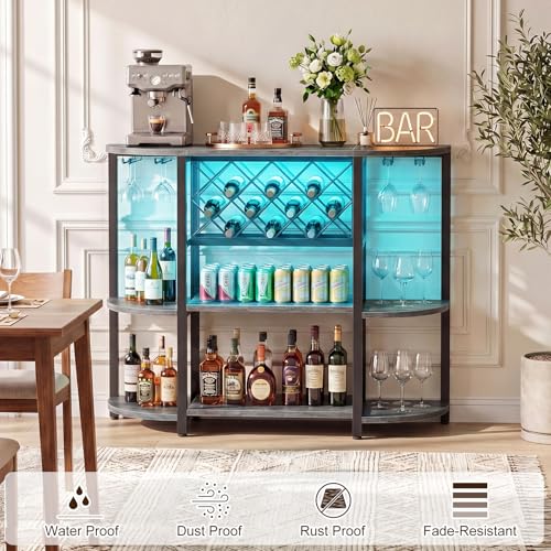 Rustic Walnut Industrial Bar Cabinet with LED Lights & Charging Station