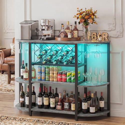 Rustic Walnut Industrial Bar Cabinet with LED Lights & Charging Station
