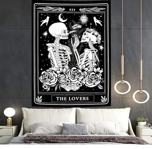 The Lovers Skull Tapestry Gothic Tapestry Vertical Black and White Skeleton Gothic Witch Sun Moon Floral Plant Snake Tapestries Wall Hanging Decor for Bedroom Dorm Room 35 x 47 Inches