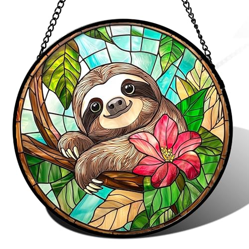 Stained Glass Window Hanging Sloth Flower Suncatcher Gifts for Women 7.8"