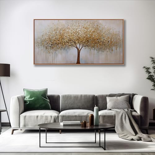 Wall Art Gold Abstract Tree of Life Framed Modern Artwork Canvas Painting Textured Tree Pictures Wall Decor Home Decor Wall Ready to Hang for Bedroom Living Room Size 58" Lx29 W